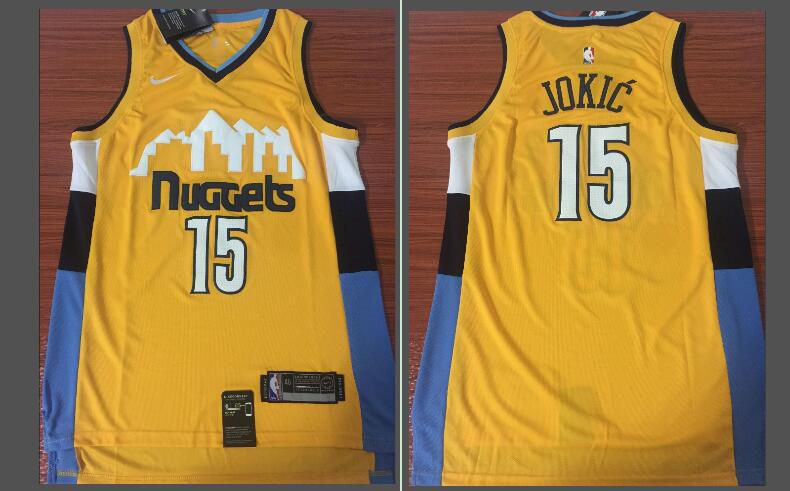 Men Denver Nuggets 15 Jokic Yellow Game Nike NBA Jerseys